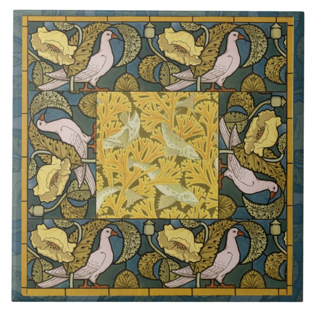 Pigeon Blue Yellow Fish Art Nouveau Fliese (Vorderseite)