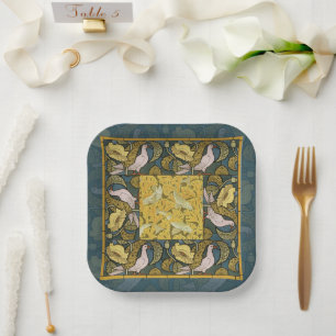 Pigeon Blue Yellow Fish Art Nouveau Pappteller