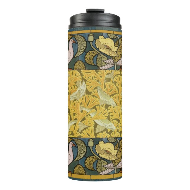 Pigeon Blue Yellow Fish Art Nouveau Thermosbecher (Vorderseite)