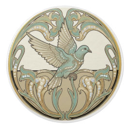 Pigeon Dove Sage Green & Gold Art Deco Nouveau Keramikknauf
