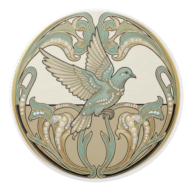 Pigeon Dove Sage Green & Gold Art Deco Nouveau Keramikknauf (Vorderseite)