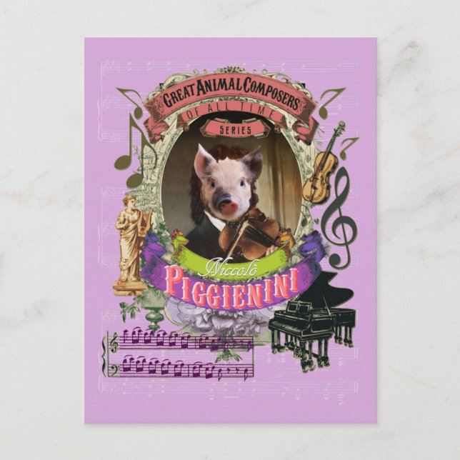 Piggienini Funny Pig Animal Composer Paganini Postkarte (Vorderseite)