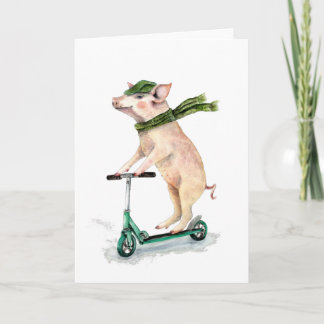 Piggy on a scooter feiertagskarte