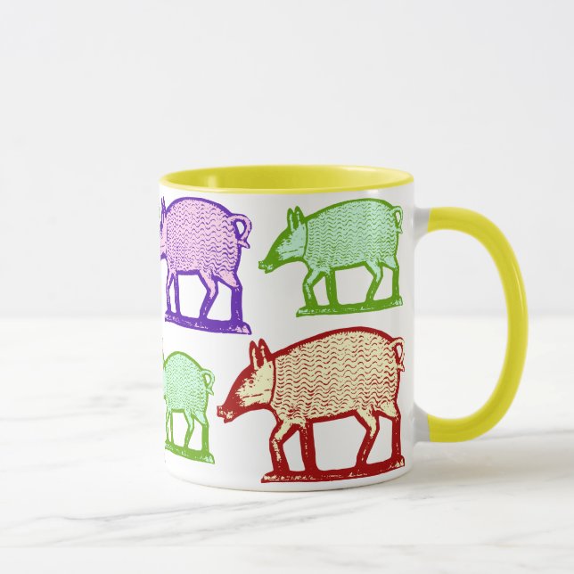 Piggy wenig ging, buntes Volkskunst-Schwein zu Tasse (Rechts)