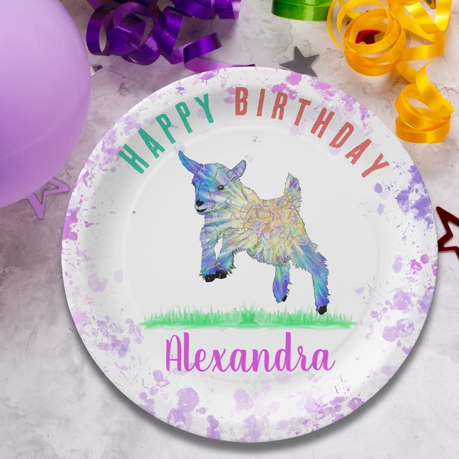 Pigmy Goat Girls Geburtsname Pappteller (Colorful cute pigmy goat jumping girls name personalized birthday party paper plate)