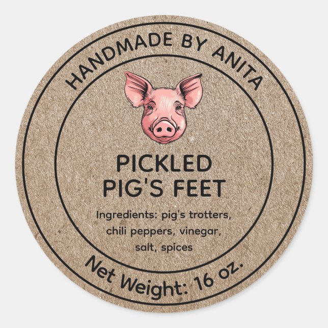 PigPig's Feet Jar Label Kraft Papierstil Runder Aufkleber (Vorderseite)