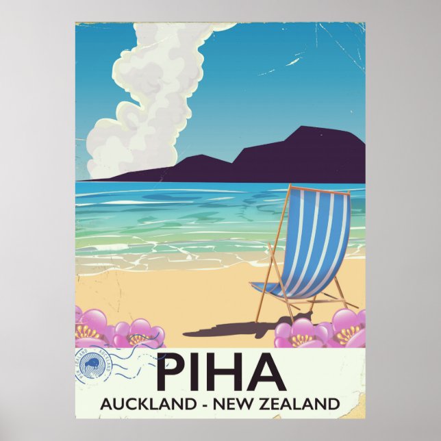 Piha New Zealand Vintage Reiseplakat Poster (Vorne)