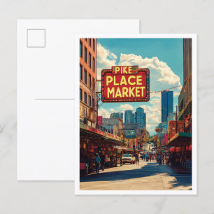 Pike Place Market Seattle Illustration Reise Postkarte