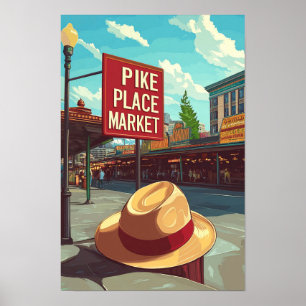 Pike Place Market Seattle USA Vintage Travel Poster