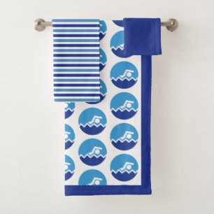Piktogramm des Schwimmers, blaue Streifen schwimme Badhandtuch Set