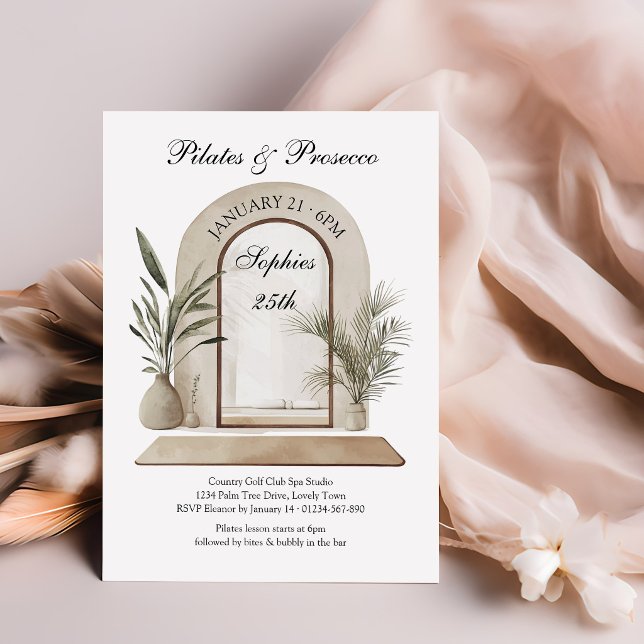 Pilates and Prosecco Wellness Themed Birthday Einladung (Pilates & Prosecco Invitation - bubbly and wellness activity, perfect for birthday, bridal shower ..)