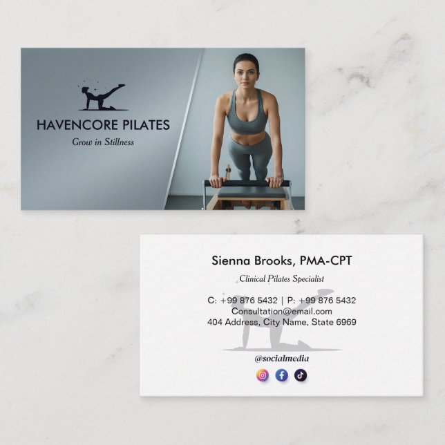 Pilates Studio Business | Modern Gray Barcode Visitenkarte (Vorne/Hinten)