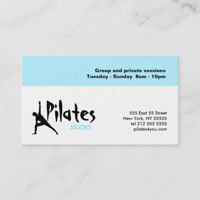 Pilates Studio-Visitenkarte-weißes Blau Visitenkarte (Vorderseite)