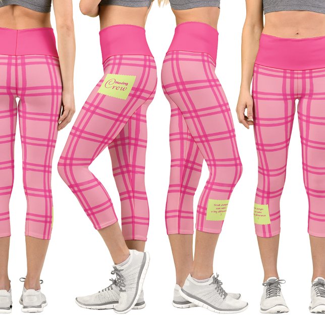Pilates Yoga Pink Check Personalized Text Capri Leggings (Pink checkered capris leggings. White background.)