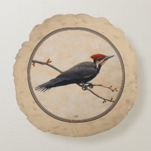 Pileated Woodpecker Tan Rundes Kissen