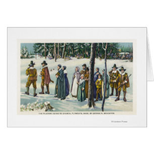 Pilger gehen in die Kirche in der Schneeszene