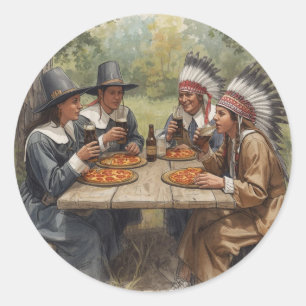 Pilger und Indianer Pepperoni Pizza Dunkelbier Runder Aufkleber