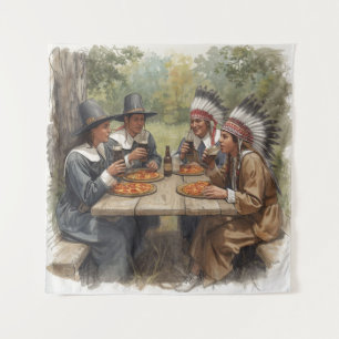 Pilger und Indianer Pepperoni Pizza Dunkelbier Wandteppich
