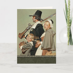 Pilgerfamilie. Vintage-Kunst Thanksgiving Feiertagskarte