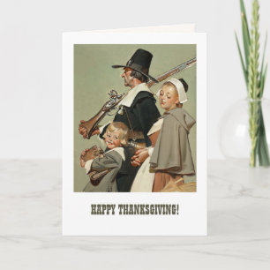 Pilgerfamilie. Vintage-Kunst Thanksgiving Feiertagskarte