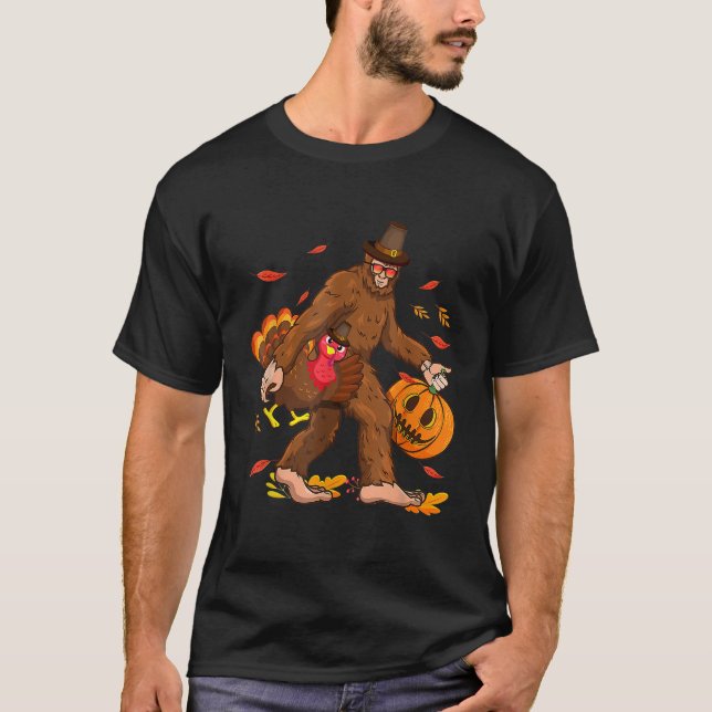 Pilgrim Bigfoot Turkey Retro Erntedank Sasquatc T-Shirt (Vorderseite)