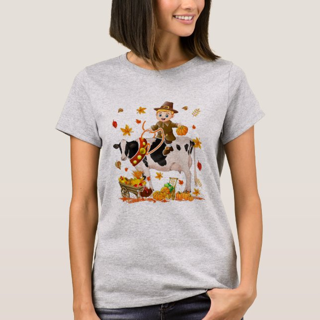 Pilgrim Boy Riding Cow Thanksgiving Pilgrim Boy T-Shirt (Vorderseite)
