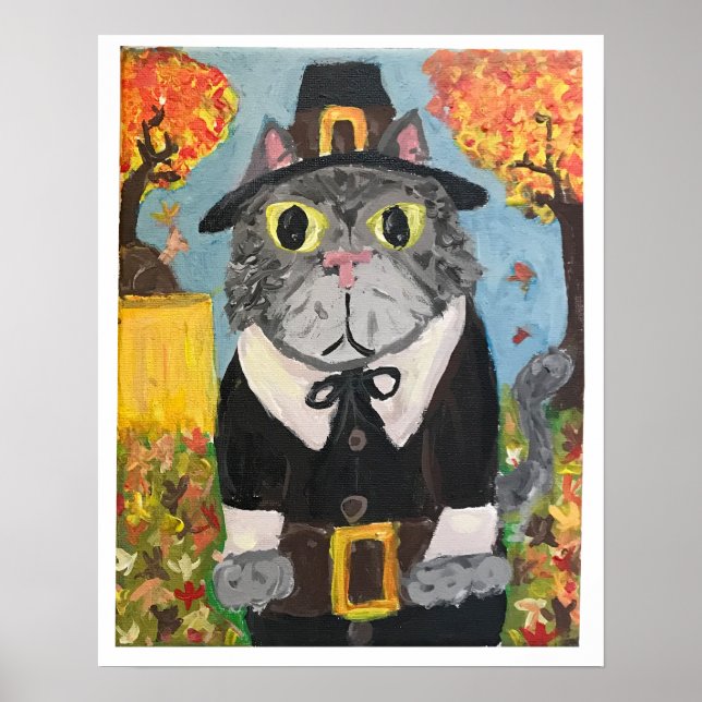 Pilgrim Cat Folk Art Erntedank Cat Boy Malerei Poster (Vorne)