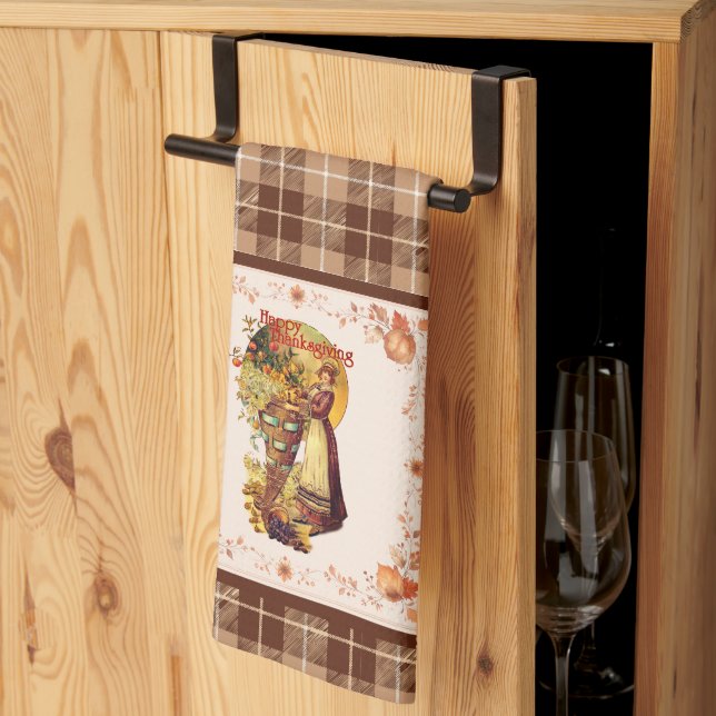 Pilgrim Girl auf Kariertem Erntedank Geschirrtuch (Drittel gefaltet)
