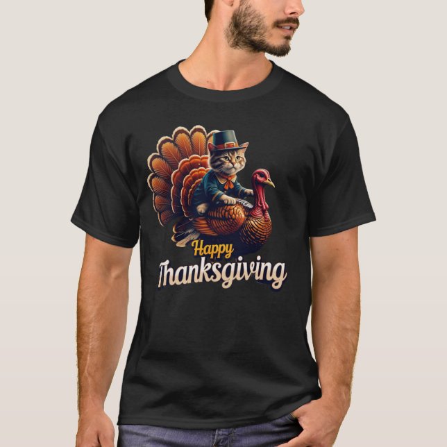 Pilgrim Kitty "Happy Thanksgiving" Cat Meme T-Shirt (Vorderseite)