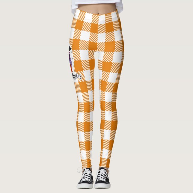Pilgrim Owl auf Orange Kariert - Glückliches Ernte Leggings (Vorderseite)