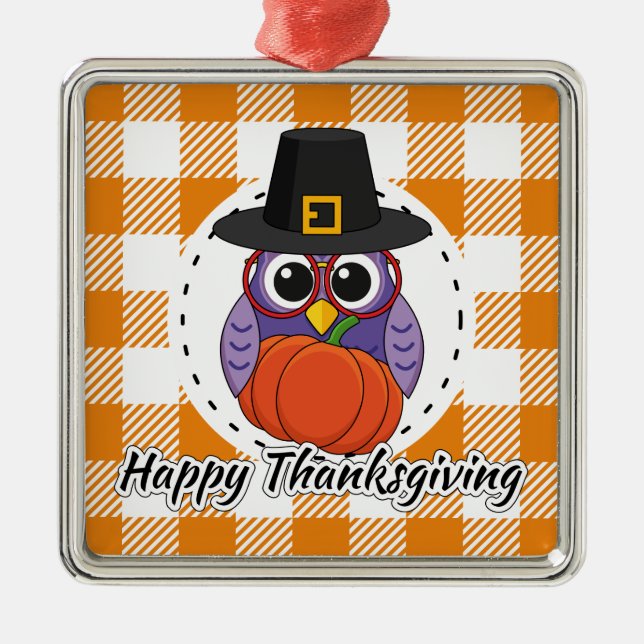 Pilgrim Owl auf Orange Kariert - Glückliches Ernte Ornament Aus Metall (Vorne)