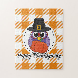 Pilgrim Owl auf Orange Kariert - Glückliches Ernte Puzzle