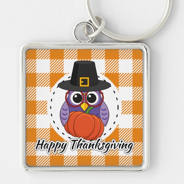 Pilgrim Owl auf Orange Kariert - Glückliches Ernte Schlüsselanhänger (Vorne)