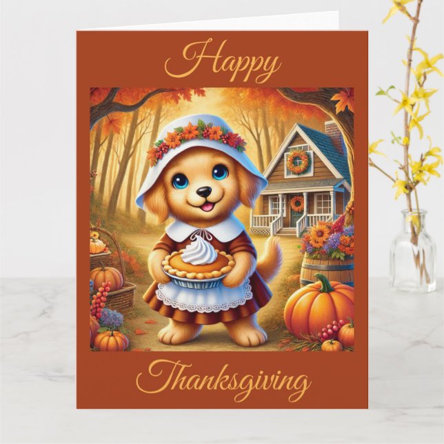 Pilgrim Puppy mit Pumpkin Pie auf Erntedank Karte (Gelbe Blume)