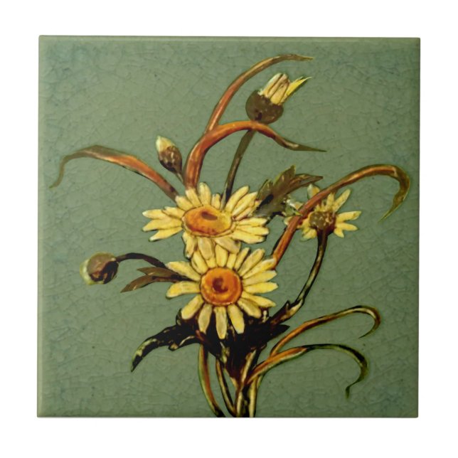 Pilkington c1900 Green Daisies Slip Painted Repro Fliese (Vorderseite)