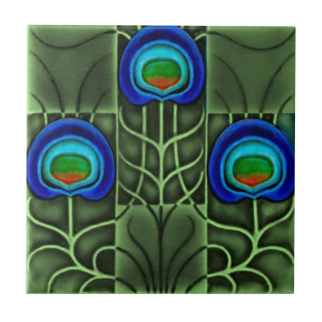 Pilkington Lewis Day Peacock Feather c1900 Repro Fliese (Vorderseite)