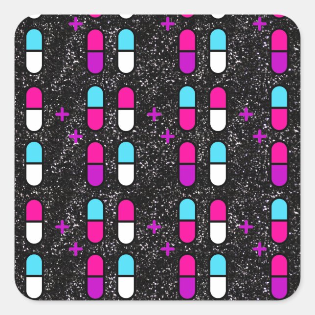 Pillen mit rosa Glitzer Quadratischer Aufkleber (Vorderseite)