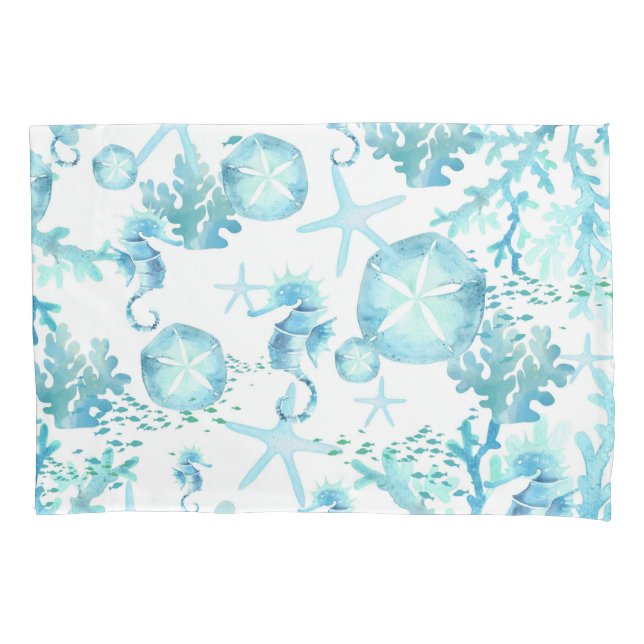 Pillowcase Aquamarin Blue Seepferd Sanddollar Seas Kissenbezug (Vorderseite)