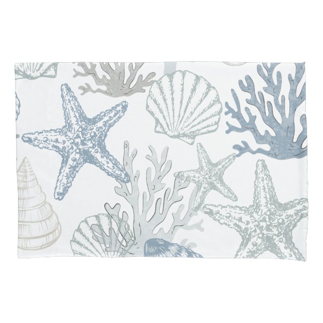 Pillowcase Blue Starfish Seashells Coastells Beach Kissenbezug (Vorderseite)