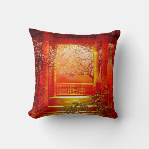 Pillows Asian Gold Red Bamboo Blossom Kissen
