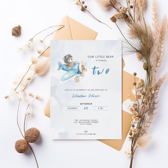 Pilot Bear Airplane 2nd Birthday Party Invitation Einladung (Cute watercolor pilot bear in airplane 2nd birthday invitation)