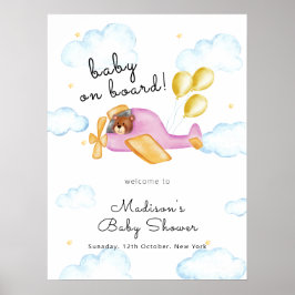 Pilot Bear Balloon Airplane Baby Shower Welcome Poster