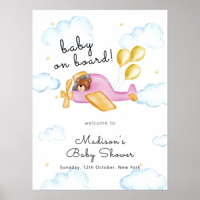 Pilot Bear Balloon Airplane Baby Shower Welcome  Poster (Vorne)