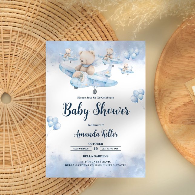 Pilot Bear in Sky - Blue Baby Shower Einladung (Von Creator hochgeladen)