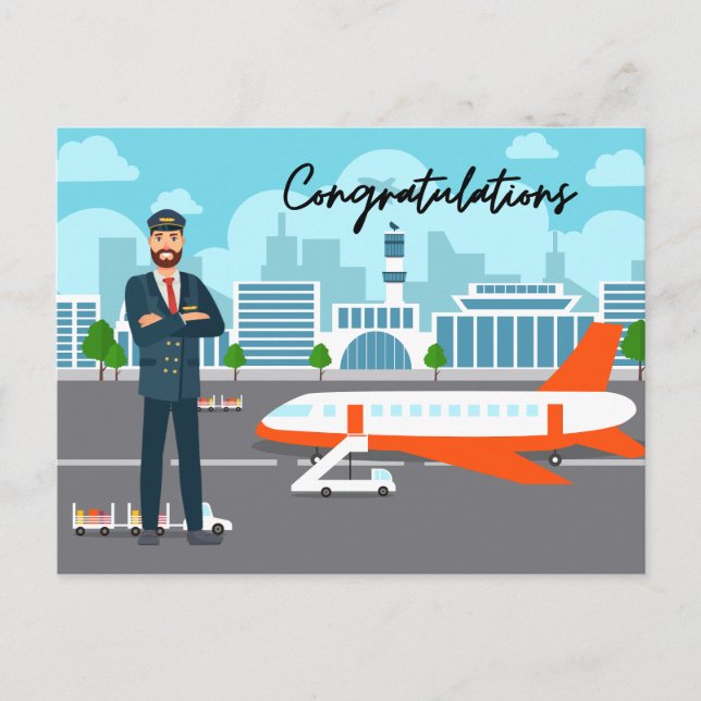 Pilot Gratulation mit Flughafen Hintergrund Postkarte (Vorderseite)