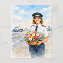 Pilot holds flowers standing on runway postkarte