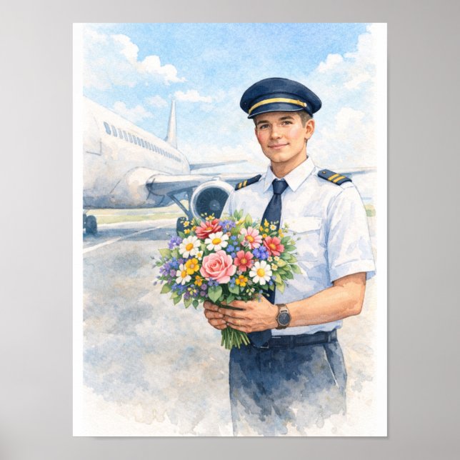 Pilot holds flowers standing on the runway  poster (Vorne)