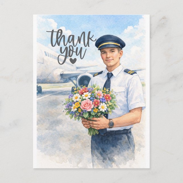Pilot holds flowers standing on the runway  postkarte (Vorderseite)