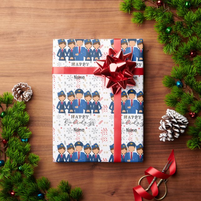 Pilot mit Air Hostess Happy Holidays Weihnachten Geschenkpapier (Feiertagsgeschenk)