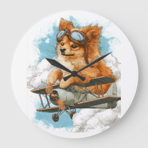 Pilot Pomeranian � Fliegender Hund Große Wanduhr